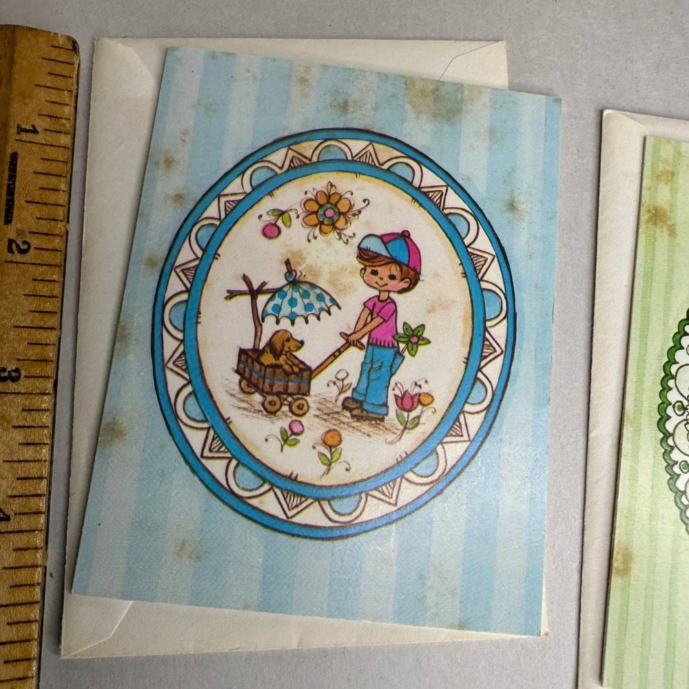 Vintage Unused Greeting‎ Cards Lot of 2 Boy with Dog Girl with Balloons